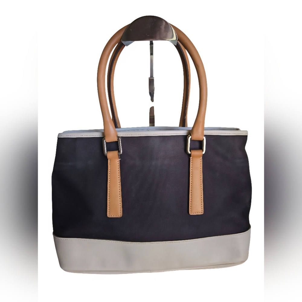Navy and Tan Structured Tote Bag - Picture 2 of 16
